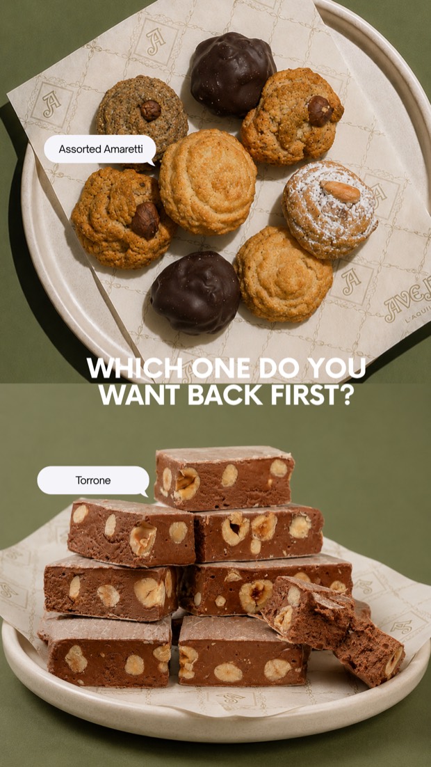 Instagram Story — poll asking which product to bring back first, Assorted Amaretti or Torrone